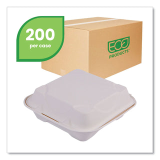 Eco-Products® Vanguard Renewable and Compostable Sugarcane Clamshells, 1-Compartment, 8 x 8 x 3, White, 200/Carton (ECOEPHC81NFA)