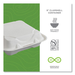 Eco-Products® Vanguard Renewable and Compostable Sugarcane Clamshells, 1-Compartment, 9 x 9 x 3, White, 200/Carton (ECOEPHC91NFA)