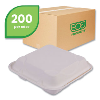 Eco-Products® Vanguard Renewable and Compostable Sugarcane Clamshells, 3-Compartment, 9 x 9 x 3, White, 200/Carton (ECOEPHC93NFA)