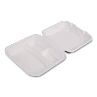 Eco-Products® Vanguard Renewable and Compostable Sugarcane Clamshells, 3-Compartment, 9 x 9 x 3, White, 200/Carton (ECOEPHC93NFA)