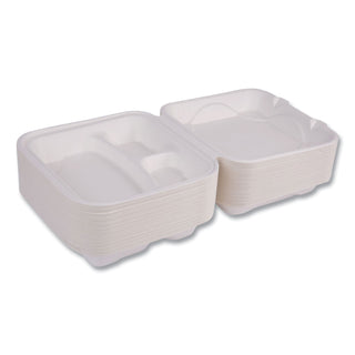 Eco-Products® Vanguard Renewable and Compostable Sugarcane Clamshells, 3-Compartment, 9 x 9 x 3, White, 200/Carton (ECOEPHC93NFA)