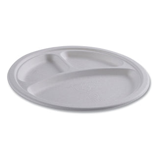 Eco-Products® Vanguard Renewable and Compostable Sugarcane Plates, 3 Compartment, 10", White, 500/Carton (ECOEPP007NFA)