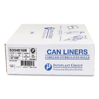 InteplastPitt High-Density Interleaved Commercial Can Liners, 33 gal, 16 microns, 33" x 40", Clear, 250/Carton (S334016N)