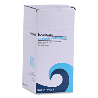 Boardwalk® Wrapped Jumbo Straws, 7.75", Polypropylene, Black, 250/Pack, 50 Packs/Carton (BWKJSTW775B)