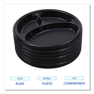 Boardwalk® Hi-Impact Plastic Dinnerware, Plate, 3-Compartment, 10" dia, Black, 125/Sleeve, 4 Sleeves/Carton (BWKPLTHIPS10BL3)