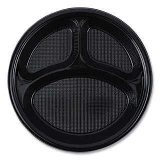 Boardwalk® Hi-Impact Plastic Dinnerware, Plate, 3-Compartment, 10" dia, Black, 125/Sleeve, 4 Sleeves/Carton (BWKPLTHIPS10BL3)