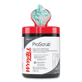 WypAll® Power Clean ProScrub Pre-Saturated Wipes, 12 x 9.5, Citrus Scent, Green/White, 50/Canister, 8 Canisters/Carton (58310KIM)