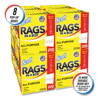 Scott® Scott® Rags In-A-Box, White, 9.75 in W x 12.35 in L, Pop-Up Box, 200 Sheet per Box/8 Box per Case (KCC75260)