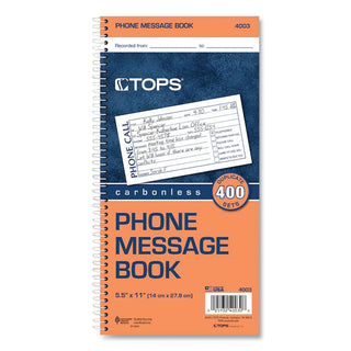 TOPS™ Spiralbound Message Book, Two-Part Carbonless, 2.75 x 5, 4/Page, 400 Forms (TOP4003)