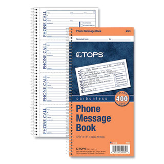 TOPS™ Spiralbound Message Book, Two-Part Carbonless, 2.75 x 5, 4/Page, 400 Forms (TOP4003)