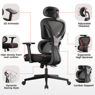 Eureka Ergonomic® Norn Ergonomic Chair, Supports Up to 275 lb, 18.11" to 22.04" Seat Height, Black/Red Mesh Seat/Back, Black Base (EKAGC06R)