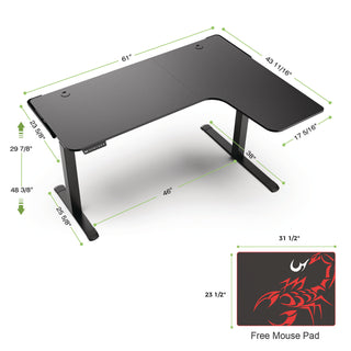 Eureka Ergonomic® L-Shaped Standing Desk, Right Desk, 60" x 43.69" x 29.88" to 48.38", Black (EKA01875)