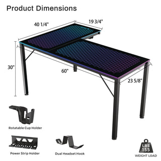 Eureka Ergonomic® RGB LED Lights Glass Gaming Desk, 60" x 40.25" x 30", Black (EKAL60RB)