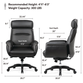 Eureka Ergonomic® Royal Executive Office Chair, Support up to 300 lb, 19.46"-22.26" Seat Height, Black PU Leather Seat, Black Faux Leather Back (EKAOC003B)