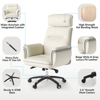 Eureka Ergonomic® Royal Executive Office Chair, Support up to 300 lb, 19.46"-22.26" Seat Height, White PU Leather Seat, White Faux Leather Back (EKAOC003OW)