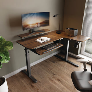 Eureka Ergonomic® L-Shaped Standing Desk with Keyboard Tray, Right Desk, 61.25" x 43.25" x 34.38" to 52.88", Walnut/Black (EKAL60RWN)