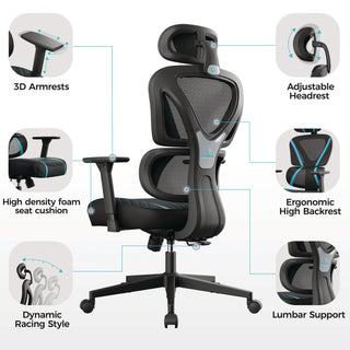 Eureka Ergonomic® Norn Ergonomic Chair, Supports Up to 275 lb, 18.11" to 22.04" Seat Height, Black/Blue Mesh Seat/Back, Black Base (EKAGC06BU)