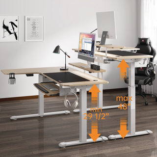 Eureka Ergonomic® L-Shaped Standing Desk with Keyboard Tray, Right Desk, 61.25" x 43.25" x 34.38" to 52.88", Maple White/White (EKAL60RMW)