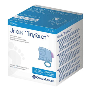 Unistik Tiny Touch Pediatric Lancet 2.5 mm Blade Retractable Push Button Activation Heel (975533_BX)