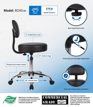 Boss Black Antimicrobial Vinyl Medical Stool w/Back Cushion (B245-BK)