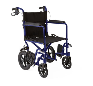 Medline Basic Aluminum Transport Chair with Permanent Full-Length Arms, Swing-Away Footrests and 12" Wheels, Blue, 1/CS (MDS808210ABE)