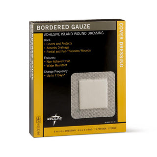 Medline Sterile Bordered Gauze Adhesive Island Wound Dressing, 6" x 6" with 4" x 4" Pad, 150/CS (MSC3266)