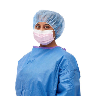 Medline ASTM Level 3 Procedure Face Mask with Ear Loops and Cellulose Inner/Outer Facings, Anti-Fog Foam Strip, Pink and White Striped, 300/CS (NON27712EL)