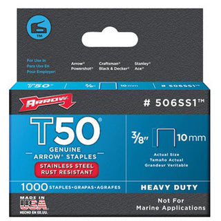 Arrow Fastener T50 Type Staples, 3/8 in L x 3/8 in W (091-506SS1)
