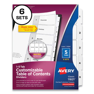 Avery® Customizable Table of Contents Ready Index Black and White Dividers, 5-Tab, 1 to 5, 11 x 8.5, 6 Sets (AVE11821)