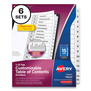 Avery® Customizable Table of Contents Ready Index Black and White Dividers, 15-Tab, 1 to 15, 11 x 8.5, 6 Sets (AVE11825)