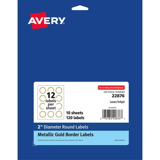 Avery® Round Labels, 2" dia, White with Gold Border, 12/Sheet, 10 Sheets/Pack (AVE22876)