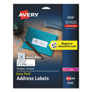 Avery® Glossy White Easy Peel Mailing Labels w/ Sure Feed Technology, Laser Printers, 1 x 2.63, White, 30/Sheet, 25 Sheets/Pack (AVE6526)