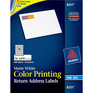 Avery® Matte White Ink Jet Labels, 3/4"x2 1/4", 600 per Pack (AVE8257)