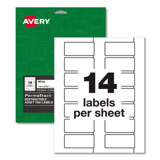 Avery® PermaTrack Destructible Asset Tag Labels, Laser Printers, 1.25 x 2.75, White, 14/Sheet, 8 Sheets/Pack (AVE60537)