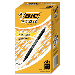 BIC® Soft Feel Retractable Ballpoint Pen, Medium 1mm, Black Ink/Barrel, 36/Pack (BICSCSM361BK)