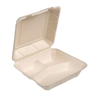 Bridge-Gate 9x9x3 3 Compartment White Sugarcane Large Hinge Container (WHBRG-9-3HW)