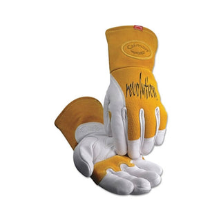 Caiman 1810 revolution® Cow Grain Unlined Palm 2-Layer Insulated Back MIG/Stick Welding Gloves, X-Large, Gold/White, Gauntlet Cuff (607-1810-XL)