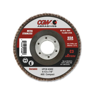 CGW Abrasives C3 Ceramic Flap Disc, 4-1/2 in, 40 Grit, 7/8 in Arbor, 13,300 RPM (421-42402)