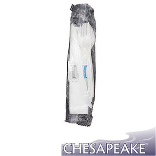 Chesapeake White Medium Weight Polypro Cutlery Kit, Fork, Knife, Tspoon, Salt, Pepper and Napkin In Plastic Wrap, Case of 250 (MKNTNSP)