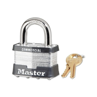 Master Lock® No. 5 Laminated Steel Padlock, 3/8 in dia x 15/16 in W x 1 in H Shackle, Silver/Gray, Keyed Alike, Keyed A383 (470-5KA-A383)