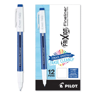 Pilot® FriXion Fineliner Erasable Porous Point Pen, Stick, Fine 0.6 mm, Blue Ink, Blue/White Barrel, Dozen (PIL11467)