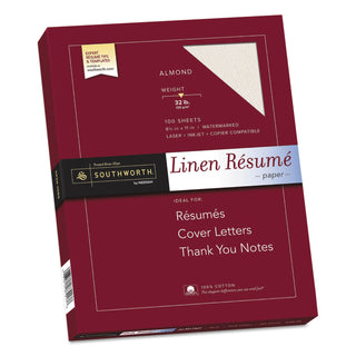 Southworth® 100% Cotton Premium Weight Linen Resume Paper, 32 lb, 8.5 x 11, Almond, 100/Pack (SOURD18ACFLN)