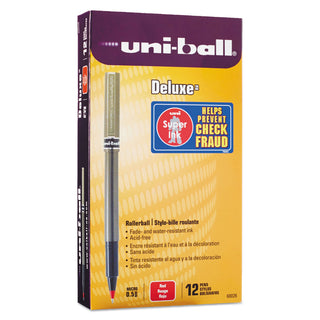 uniball® Deluxe Stick Roller Ball Pen, Micro 0.5mm, Red Ink, Metallic Gray Barrel, Dozen (UBC60026)
