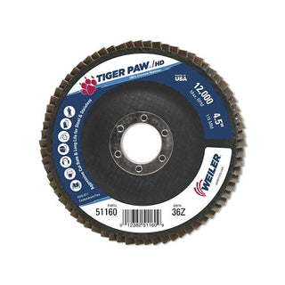 Weiler Tiger Paw Coated Abrasive Flap Discs,4 1/2",36 Grit,7/8 Arbor,Phenolic,12000rpm (804-51160)