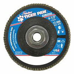 Weiler Tiger Paw™ Super High Density Flap Disc, 4-1/2 in dia, 60 Grit, 5/8 in-11, 12000 rpm Type 27 (804-51166)
