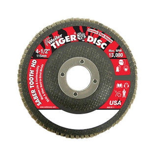 Weiler Tiger® Saber Tooth™ Ceramic High Density Flap Disc, 4-1/2 in dia, 40 Grit, 7/8 in Arbor, 13000 RPM, Type 27 (804-50130)