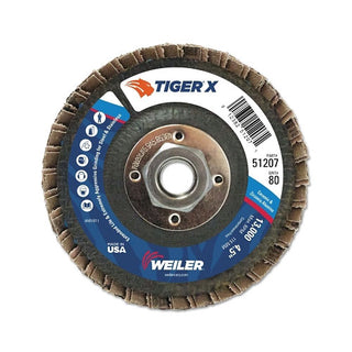 Weiler Tiger® X Flap Disc, 4-1/2 in Angled, 80 Grit, 5/8 in to 11 Arbor (804-51207)