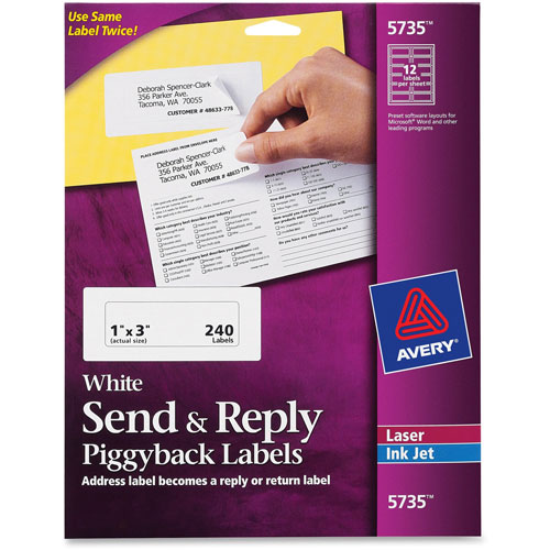 Avery Send & Reply Labels, White, 12/Sheet, 240 per Pack -  05735