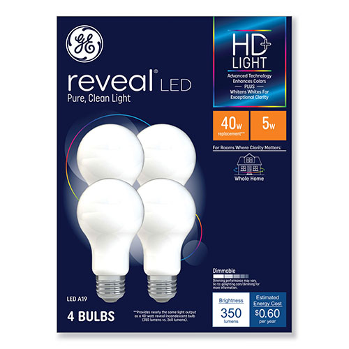 GE Reveal HD+ LED A19 Light Bulb, 5 W, 4/Pack -  46650