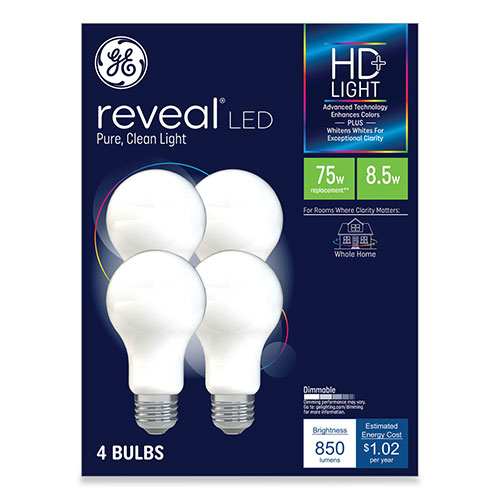 GE Reveal HD+ LED A19 Light Bulb, 8.5 W, 4/Pack -  93127795